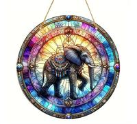 Hummingbirds and Elephant Pattern Suncatcher Stained Glass,Hanging Stained Glass for Windows,20cm/7.87inch Hand-Painted Sun Catcher Garden Hangings Painted Glass Panel Decor (Elephant)