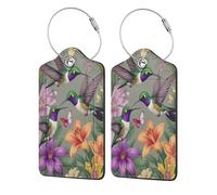 Hummingbirds Floral Garden Luggage Tags for Suitcases Travel Bag Tags Name Tag Personalized Leather Luggage Tag with Privacy Cover Label Card 2 Pcs