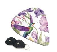 Hummingbirds Irises Flowers Guitar Picks 6 Pack with Leather Guitar Pick Holder Keychain, Plectrum Key Fob Cases Bag, Abstract Art Plectrum for Acoustic Electric Guitar, Ukulele 0.96mm