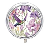 Hummingbirds Irises Flowers Pill Box 3 Compartment Travel Pill Organizer with Mirror Design Portable Pillcase for Pocket Or Purse Round Medicine Case Weekly Medicine Container Holder for Daily Meds