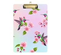 Hummingbirds Pink Cherry Blossoms Acrylic Clipboards Cute Clipboard Paperboard Chic Design Clipboards with Low Profile Metal Clip for Classrooms, Restaurants, School