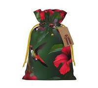 Hummingbirds Red Flower Hibiscus Print Birthday Gifts Wrap Bag Unique Drawstring Gifts Bag Canvas Bags for Party Wedding Present,1 Piece M