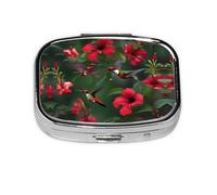 Hummingbirds Red Flower Hibiscus Print Square Pill Box,Portable for Pocket Or Purse Pill Organizer Pill Container Holder
