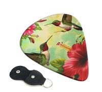 Hummingbirds Red Flower Hibiscus Printed Guitar Picks, 6 Pack with Leather Keychain Pick Holder - 0.46mm, 0.71mm, 0.96mm Assorted Thickness for Acoustic Ukulele, Electric Guitar