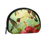 Hummingbirds Red Flower Hibiscus Printed Mini Coin Pouch, Shell Shape Zip Around Wallet, Small Zipper Pouch for Cash, Cards, Keys, Lipstick, Storage Pouch, Travel Organizer