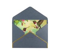 Hummingbirds Red Flower Hibiscus Printed Pearl Paper Greeting Card, Black - Folded Blank Cards with Gold Trim for Weddings, Birthdays, Christmas