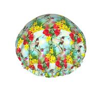 Hummingbirds Red Flower Hibiscus Printed Reusable Shower Hats, Double Layer Headgear For Spa And Salon, Large Hair Wrap