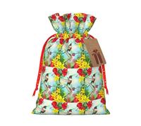 Hummingbirds Red Flower Hibiscus Printing Fashion Drawstring Bag With Kraft Tag For Christmas Halloween Party Gift Packaging