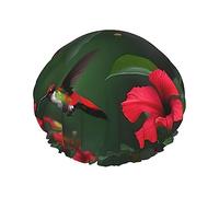 Hummingbirds Red Flower Hibiscus Reusable Shower Cap,Double Layer Water Shower Non Wetting Hair Cap,Large Size For All Hair Lengths