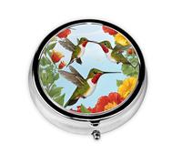 Hummingbirds Red Flower Hibiscus Round Pill Box - Full Print Design, Metal Electroplated Compact Medicine Case for Travel, Fits Pockets & Wallets