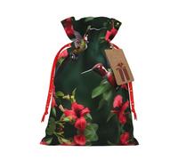 Hummingbirds Red Flowers Hibiscus Print Drawstring Christmas Gift Bag With Tags Reusable For Birthday Parties Gift Weddings Holiday