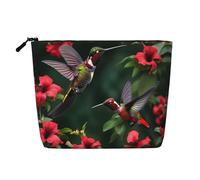 Hummingbirds Red Flowers Hibiscus Print Fake Hemp Makeup Bag,Makeup Bag,Travel Bag Pouch,Toiletry Bag with Zipper