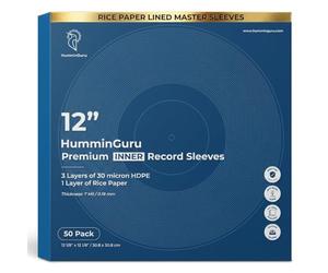 HumminGuru 3-Ply Premium Inner Record Sleeves 12 Inch. Rice Paper Lined Master Sleeves. Anti-Static Vinyl Record Sleeves, Acid-Free Thick HDPE 3+1 Layer in 7 Mil, 50 Pack (12” Master Inner Sleeves)