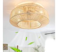 hummst Boho Rattan Ceiling Fan with Lighting, Quiet, 50cm Bamboo Ceiling Fan with Light and Remote Control, 6 Wind Speeds Timer for Bedroom, Living Room
