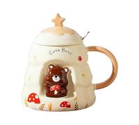HUMOCHUSON Ceramic 3D Embossed Bear Mug with Lid and Spoon for Children and Students - Tree Stump - 401-500Ml