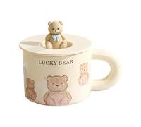 HUMOCHUSON Chinese Style Cute Ceramic Bear Mug with Lid Breakfast Milk Cup for Couples, Children and Girls - Model A - 338Ml