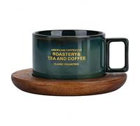 HUMOCHUSON Coffee Mugs320Ml Ceramic American Coffee Mug with Metal Stirring Spoon, Wooden Saucer, Delicate Afternoon Tea Set, Latte Cup with Latte Art - Green