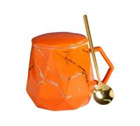 HUMOCHUSON Coffee Mugs420Ml Ceramic Coffee Cup Diamond Cut Marble Pattern Mug Home Office Water Cup with Lid and Spoon Gift Box - Orange - 420Ml