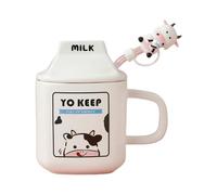 HUMOCHUSON Cute Cow Ceramic Breakfast Milk Mug with Lid and Straw Suitable for Children, Students and Ladies