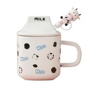 HUMOCHUSON Cute Cow Ceramic Breakfast Milk Mug with Lid and Straw Suitable for Children, Students and Ladies