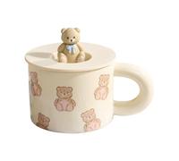 HUMOCHUSON Porcelain Mug Cute Ceramic Bear Mug with Lid Breakfast Milk Cup for Couples, Children and Girls - Model C - 338Ml
