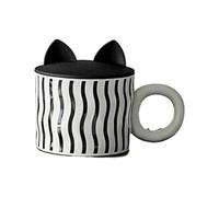 HUMOCHUSON Simple Black and White Ceramic Cup with Big Ears and Multiple Cup Lids Suitable for Breakfast Milk Coffee Cup