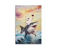 Humor Animal Fat Cat Vs Shark Wall Art, Vintage Retro Cat Riding Shark Hanging Paintings Poster, Whimsical Renaissance Canvas Painting, Fun Aesthetic Wall Decor 12x18inch(30x45cm)