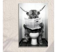 Humor Animals Bathroom Wall Art Highland Cow Reading Newspaper Canvas Painting Home Living Room Office Wall Decor(50x75cm/Inner frame)