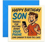 Humorous Birthday Card For Son - Phone Joke Design - Playful Typographic Card From Mum Dad - Blank Inside With Envelope