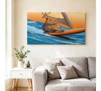 Humorous Cartoon Animal Framed Canvas Wall Art Retro Pop Capybara Surfboard Picture Canvas Poster Print Artwork, Contemporary Wall Decor for Living Room, Guest Room & Study - 90L x 60W CM