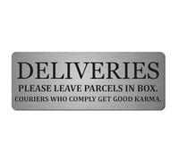 Humorous Delivery Sign | Please Leave Parcels in Box | Brushed Silver Aluminium Plaque 20 x 7.5 cm | Self-Adhesive Stickers