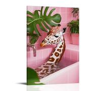 Humorous Giraffe Bathtub Canvas Wall Art, Pink Tropical Botanical Bathroom Artwork Hanging Paintings Poster, Lovely Decor for Restroom And Washroom Walls 08x12inch(20x30cm)