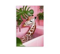 Humorous Giraffe Bathtub Canvas Wall Art, Pink Tropical Botanical Bathroom Artwork Hanging Paintings Poster, Lovely Decor for Restroom And Washroom Walls 16x24inch(40x60cm)