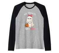 Humorous Halloween Ghost Design “No Treats That’s Tragic” Raglan Baseball Tee