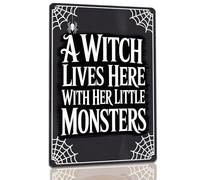 Humorous Halloween Metal Sign Featuring a Witch Lives Here with Her Little Monsters, Perfect for Entryways, Living Rooms, Hallways, Or FamilyFriendly Spooky Spaces, 30x40cm