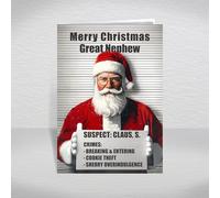 Humourous Christmas Card for Great Nephew - Santa Mugshot with Crimes Board, A5 Amusing Greeting Card with Funny Verse Inside: Great Nephew Christmas Card