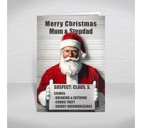 Humourous Christmas Card for Mum and Stepdad, Mom, Stepfather - Santa Mugshot with Crimes Board, A5 Amusing Greeting Card with Funny Verse Inside: Mum and Stepdad Christmas Card