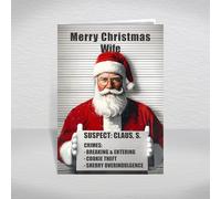 Humourous Christmas Card for Wife, Spouse - Santa Mugshot with Crimes Board, A5 Amusing Greeting Card with Funny Verse Inside: Wife Christmas Card