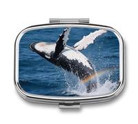 Humpback Whale Breach pilldispenser with Mirror 2 Compartments Waterproof PillCase for Purse Pocket Non-Slip Grip Travel Medicine Organizer Container Box for Vitamin Fish Oil Supplement