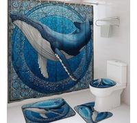 Humpback Whale Shower Curtain Set, Ocean Blue Decorative Bathroom Accessories for Summer Nautical Themed Decor, Vintage Artistic Watercolor Artwork, Lightweight Fabric with Hooks 72x72 Inch