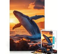 Humpback Whale Sunset Leap in Ocean 1000 Pieces Puzzles for Teenagers Logic Fun Bright Color Playful Challenge Xmas Fun Gift (38x26cm)