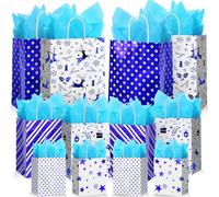 Humyoun 12 Pack Christmas Gift Bags Bulk Assorted Sizes Paper Gift Wrap Bags 6 Small 6.5", 6 Medium 9.6", 6 Large 13" with Tissue Paper for Birthdays, Baby Showers, Bridal Showers(White, Blue)