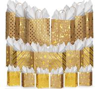 Humyoun 18 Pack Christmas Gift Bags Bulk Assorted Sizes Paper Gift Wrap Bags 4 Small 6.5", 4 Medium 9.6", 4 Large 13" with Tissue Paper for Birthdays, Baby Showers, Bridal Showers (Khaki,Gold)