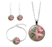 Hundakvy 3 Pcs Pink Ribbon Breast Cancer Awareness Necklace Bracelet Earrings Set for Women Girls Rose Flower Breast Cancer Awareness Jewelry Courage Support October Pink Bracelets Sets (10x10x3cm)