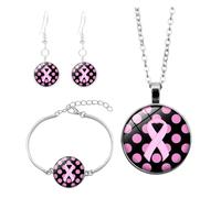 Hundakvy 3 Pcs Pink Ribbon Breast Cancer Awareness Necklace Bracelet Earrings Set for Women Girls Rose Ribbon Breast Cancer Awareness Jewelry Courage Support October Pink Bracelets Sets (10x10x3cm)