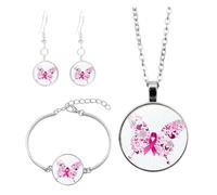 Hundakvy 3 Pcs Pink Ribbon Breast Cancer Awareness Necklace Bracelet Earrings Set for Women Girls Rose Flower Breast Cancer Awareness Jewelry Courage Support October Pink Bracelets Sets (10x10x3cm)