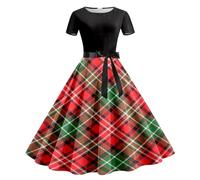 Hundakvy Christmas Dresses for Women UK Plaid Printed Pattern Short Sleeve Classic Round Neck Gothic Dress Loose Fit Christmas Maxi Party Dress Xmas Holiday Novelty Clothes Outfits (Light Green, S)