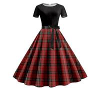 Hundakvy Christmas Dresses for Women UK Plaid Printed Pattern Short Sleeve Classic Round Neck Gothic Dress Loose Fit Christmas Maxi Party Dress Xmas Holiday Novelty Clothes Outfits (L) Wine