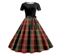 Hundakvy Christmas Dresses for Women UK Plaid Printed Pattern Short Sleeve Classic Round Neck Gothic Dress Loose Fit Christmas Maxi Party Dress Xmas Holiday Novelty Clothes Outfits (Brick Red, L)