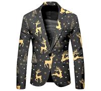 Hundakvy Christmas Suit Jacket for Men Xmas Tree Santa Reindeer Snowflake Print Suit Jackets Stylish Lapel Neck One Button Slim Fit Suit Jacket Mens Suit Jacket for Festival Holiday (A01-Black, XL)